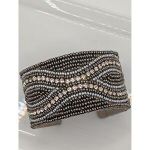 Womens Beaded Cuff Bracelet Sparkle Rhinestone Woven Design Statement Bangle